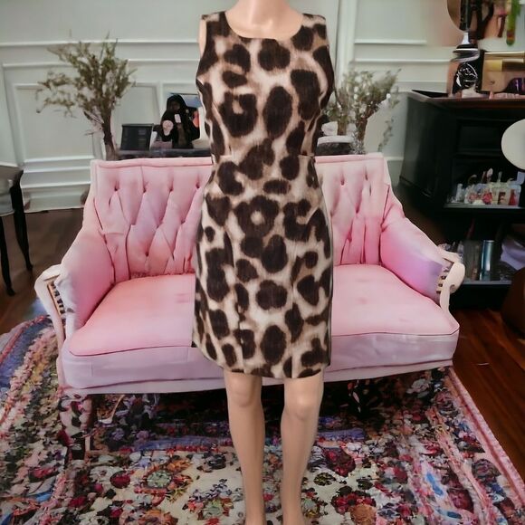 Calvin Klein Linen Blend Dress 4P Sheath Animal Print Career Office Sleeveless. - Picture 1 of 16